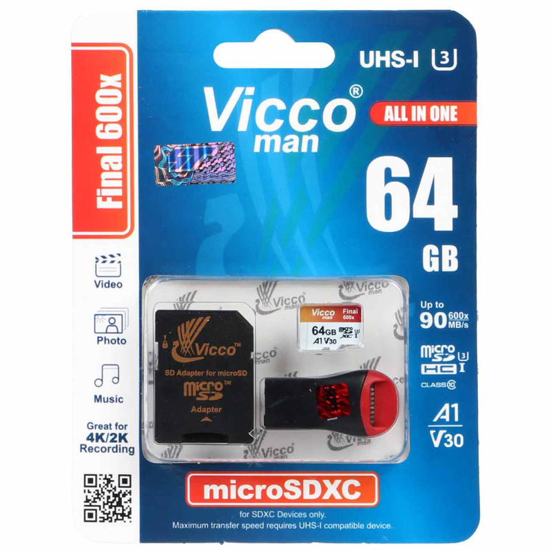 picture کارت حافظه microSDXC ویکو من مدل Final 600X کلاس 10 استاندارد UHS-I U3 سرعت 90MBps ظرفیت 64گیگابایت همراه با کارت خوان