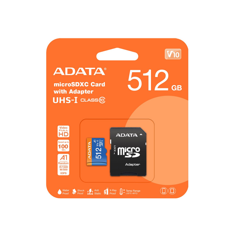 picture کارت حافظه‌ microSDXC ای دیتا مدل premier کلاس 10 استاندارد UHS-I U1 سرعت 100 MBps ظرفیت 512 گیگابایت به همراه آداپتور SD